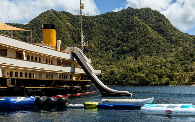 NERO Yacht's inflatable slide and other inflatable water toys.