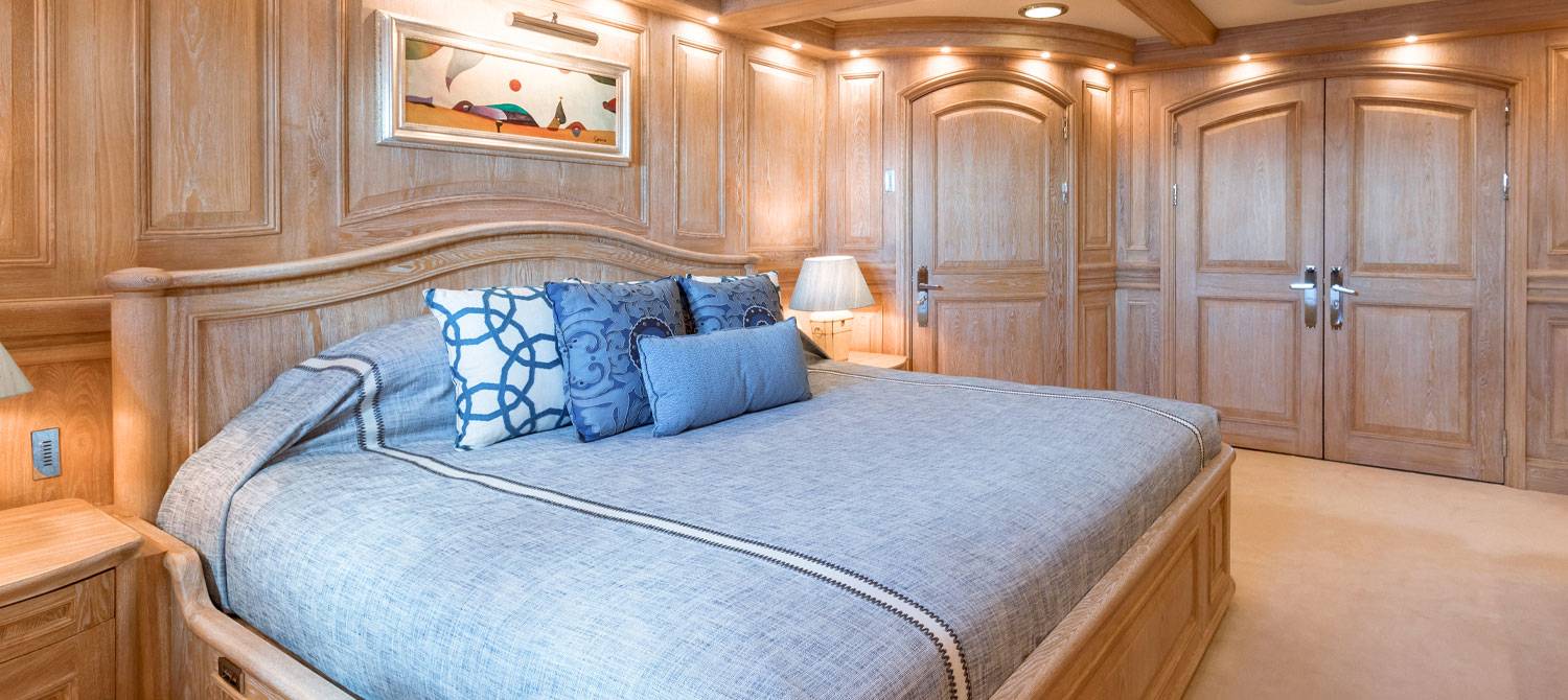 unsure of which room this isBed in one of the double cabins on NERO Yacht.