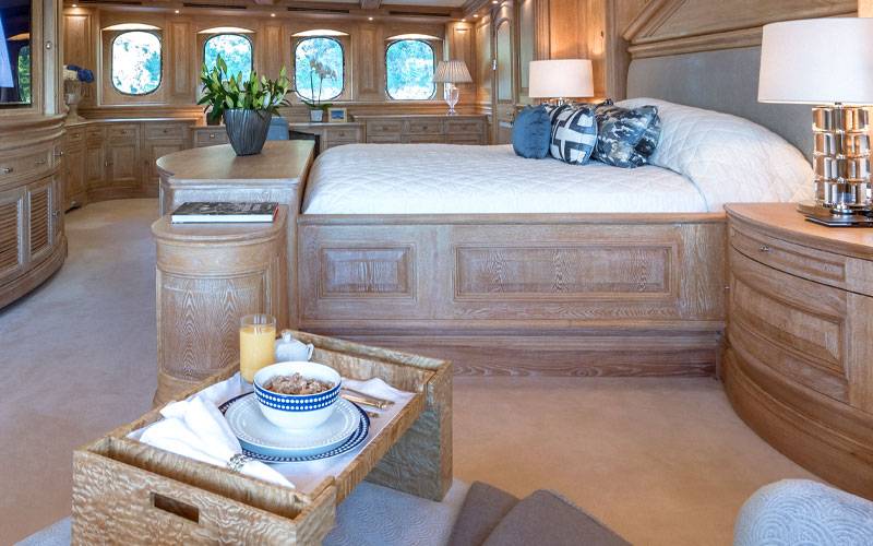Breakfast on a serving tray in the master suite on NERO Yacht.