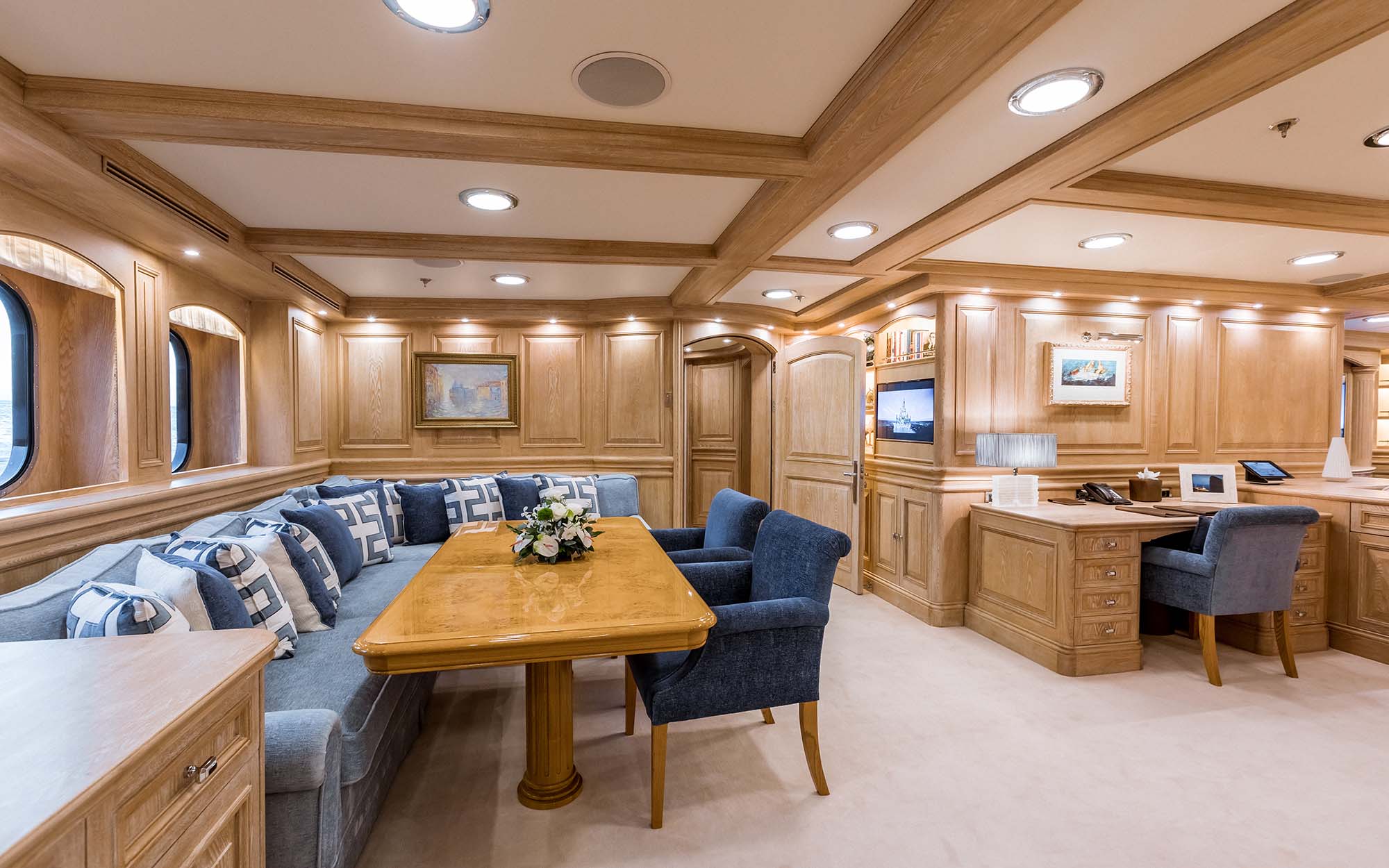 NERO yacht master suite private dining with banked seating
